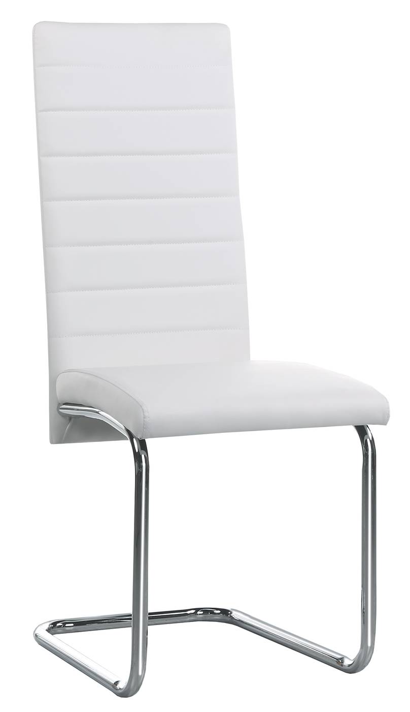 Silla de comedor moderna. Patas metálicas cromadas. Respaldo y asiento tapizado en polipiel blanca.